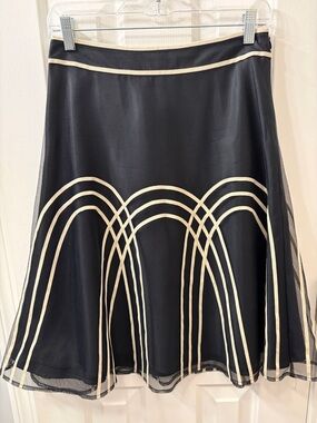 LOFT Navy Skirt with Cream Arched Stripe Details and Tulle